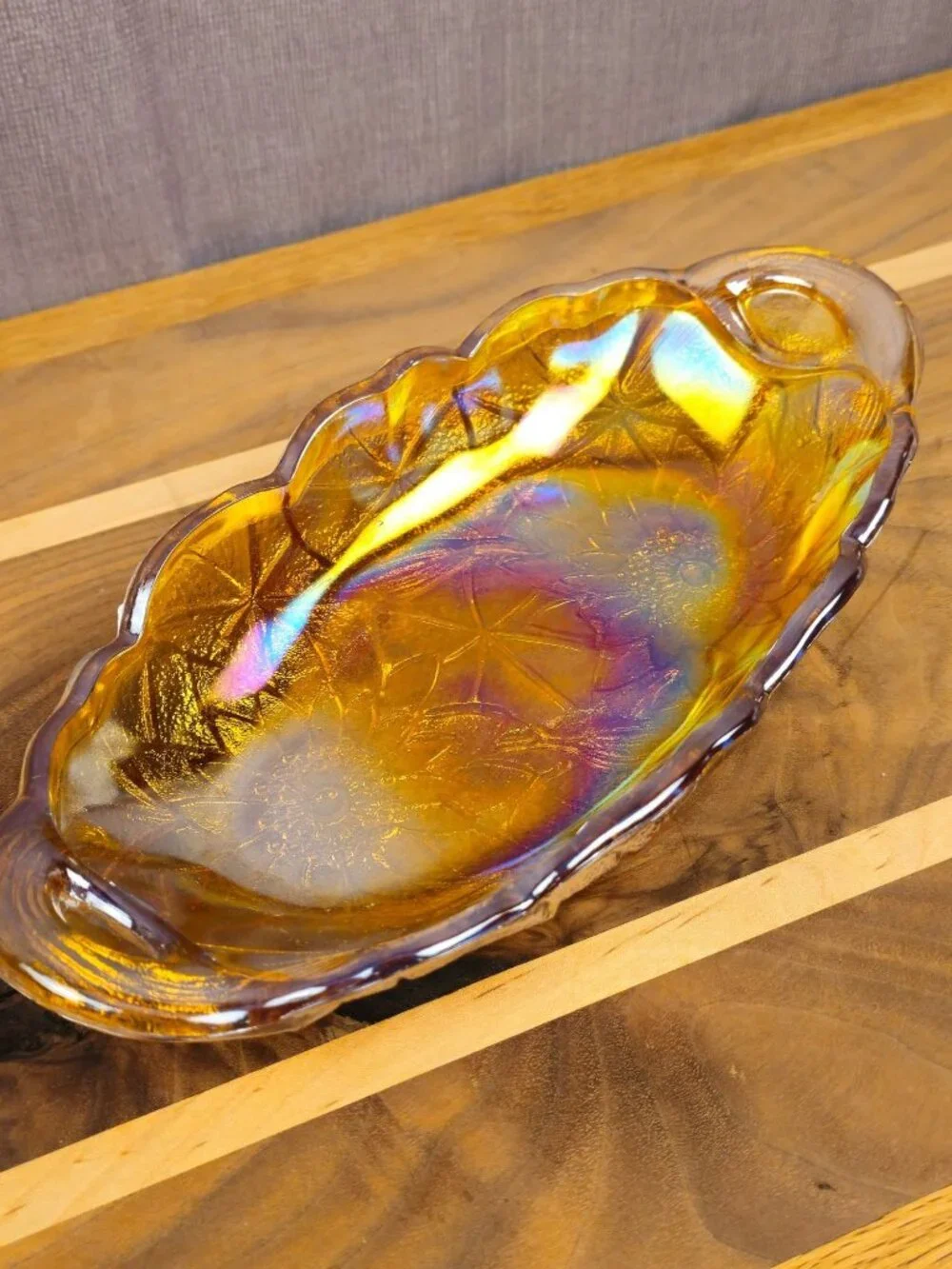 Vintage Amber Carnival Glass Oval Dish With Floral Pattern & Handles 10.5